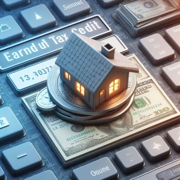 Earned Income Tax Credit illustrated with a house on top of coins and dollar bills, set against a keyboard