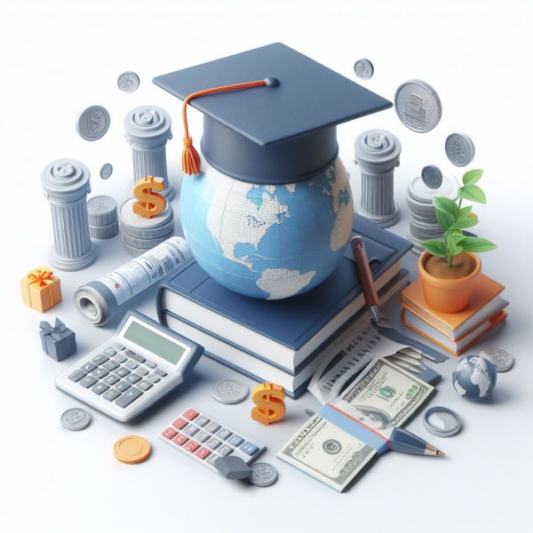 Education Tax Benefits illustrated with a graduation cap, globe, calculator, and financial symbols