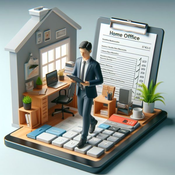 Home Office Tax Deduction illustrated with a tax professional in a home office setting and a tax form