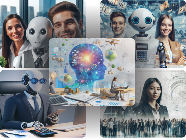 Leverage AI accounting courses to integrate artificial intelligence into financial practices with generative AI, machine learning models, and predictive analytics tools represented by graphics displaying AI assistants, data visualizations, and accounting professionals.