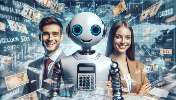 AI Tax Research: Smiling businessman and woman with robot assistant surrounded by financial data and money