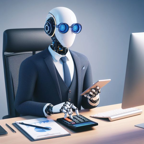 A robot using a calculator while sitting at an office desk