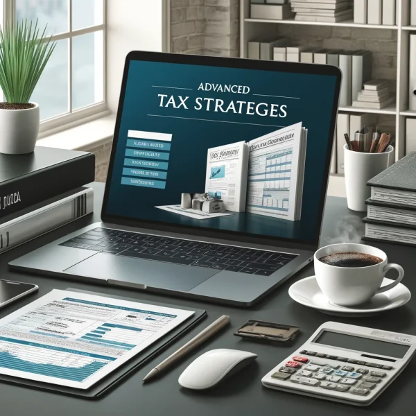 Modern workspace with a laptop displaying advanced tax strategy software, tax strategy guides, a cup of coffee, and a pen.